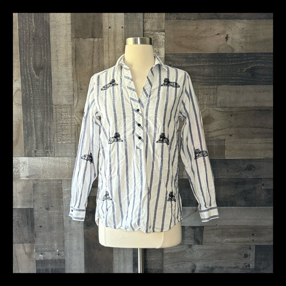 ZARA striped shirt XSmall embroidered tiger animal print business casual boho